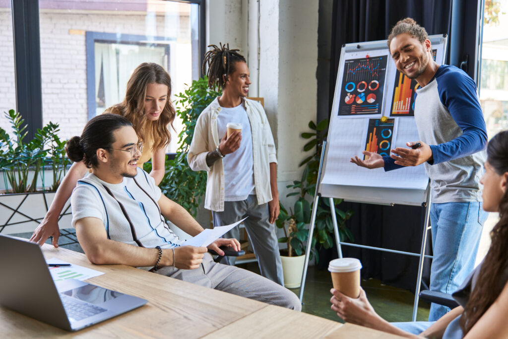 A marketing team talking about their brand awareness campaign.